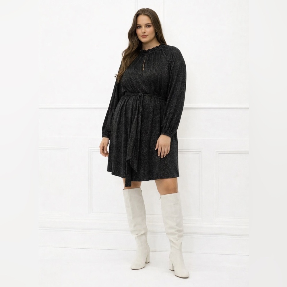 New Eloquii Elements Glitter Shimmer Sparkle Keyhole Long Sleeve Tie Easy Dress